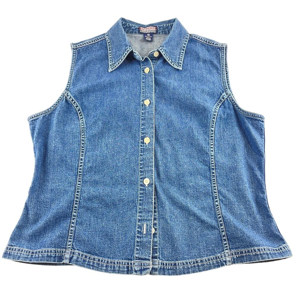 Old School Brand Women's Denim Sleeveless Button Front Shirt Top Sz 14 90's Vtg